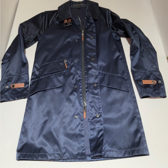 Ralph Lauren Midnight Blue Satin Jacket with Brown Leather Trim Sz Small - Picture 13 of 16